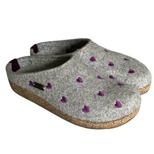 Haflinger Grizzly Cuoricino Slipper Wool Clog Grey Red Hearts Unisex 40